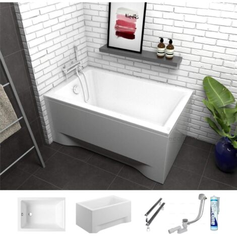 ECOLAM Petite baignoire rectangulaire Capri 100x70 cm + tablier en acrylique  pieds silicone + siphon  Set complet Polimat