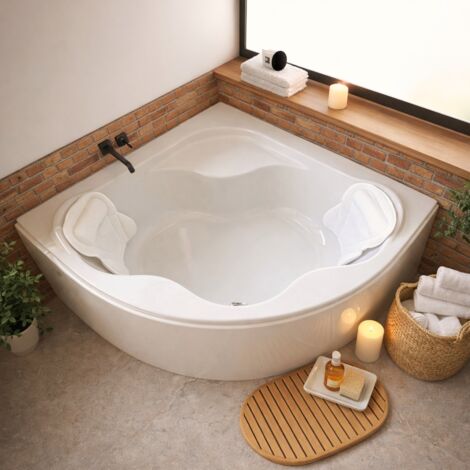 ECOLAM Baignoire d'angle SELMA 140 x 140cm + tablier en acrylique 2x oreillers Mare pieds siphon set complet