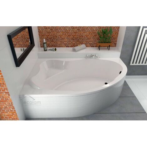 ECOLAM Baignoire d'angle Comfort acrylique blanc 150x100 cm gauche + revêtement polystyrène + bonde vidange et trop-plein automatique, pieds, silicone