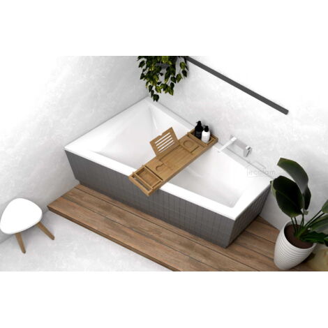 ECOLAM Baignoire trapéze Rita 150x100 cm  version gauche  Planche en Bambou  Vidange automatique Alcaplast + Pieds et silicone (1/5)