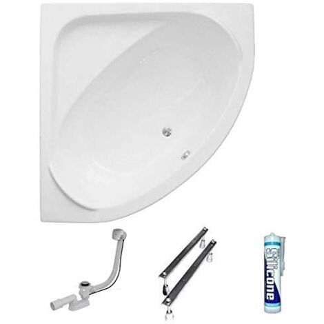 ECOLAM Baignoire d'angle symétrique Standard Polimat 140x140 cm Blanc pieds siphon et silicone (1/5)