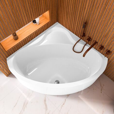 ECOLAM Baignoire d'angle Bala 120x120cm + tablier bonde de vidage pieds + silicone baignoire moderne avec siège ensemble complet