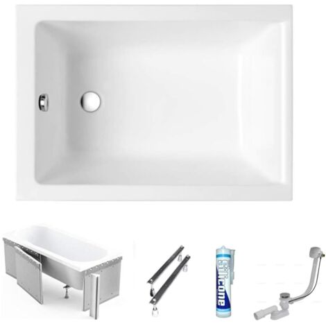 ECOLAM Petite baignoire rectangulaire Capri 100x70 cm + revêtement en polystyrène siphon automatique + pieds et Polimat