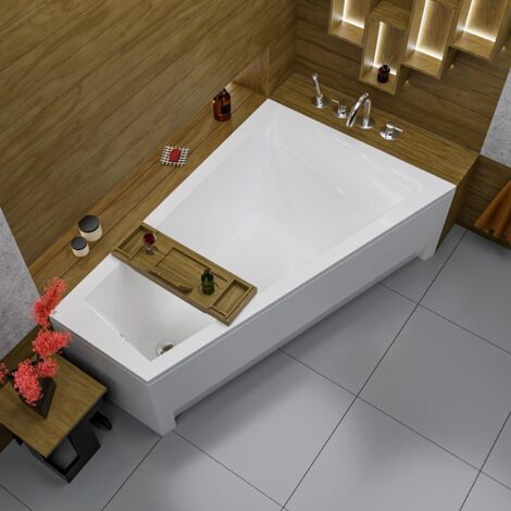 ECOLAM Baignoire trapéze Rita 150x100 cm droite + tablier en acrylique Planche en Bambou Vidange automatique Alcaplast + Pieds et silicone (1/5)