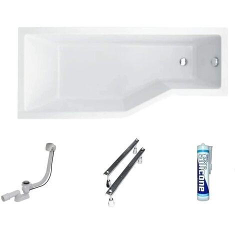 ECOLAM Baignoire d'angle acrylique blanc Integra 170x75 cm, gauche, pieds, siphon, silicone, Raccord de drainage automatique Alcaplast, Baignoire rectangle en acrylique