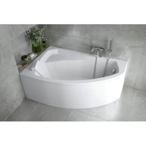 ECOLAM Baignoire d'angle Rima 130x85 cm gauche  tablier acrylique  Appuie-tête  pieds siphon + silicone  Set complet