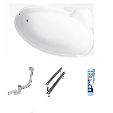 ECOLAM Baignoire d'angle en acrylique Finezja 140x95 cm  version droite  pieds siphon et silicone  Baignoire acrylique blanc  baignoire confortable