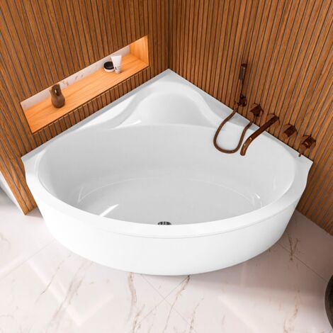 ECOLAM Baignoire d'angle Bala 140x140cm + tablier  bonde de vidage pieds + silicone  baignoire moderne avec siège  ensemble complet