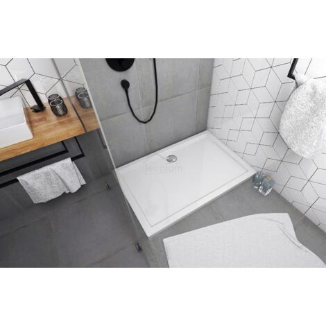 ECOLAM Receveur de douche rectangle plat Corrina 80x100 cm Hauteur:5 cm, Profondeur: 3 cm + siphon. Receveur de douche acrylique blanc (1/5)