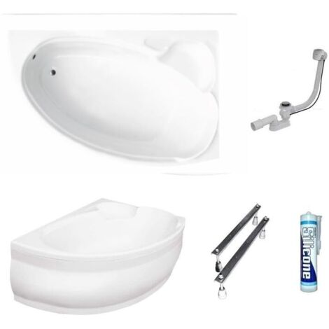 ECOLAM Baignoire d'angle en acrylique Finezja 140x95 cm version droite tablier en acrylique pieds siphon et silicone baignoire confortable set complet