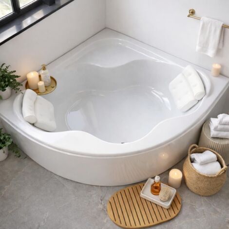ECOLAM Baignoire d'angle SELMA 140 x 140 cm  + tablier  2 coussins Sole  pieds siphon  set complet