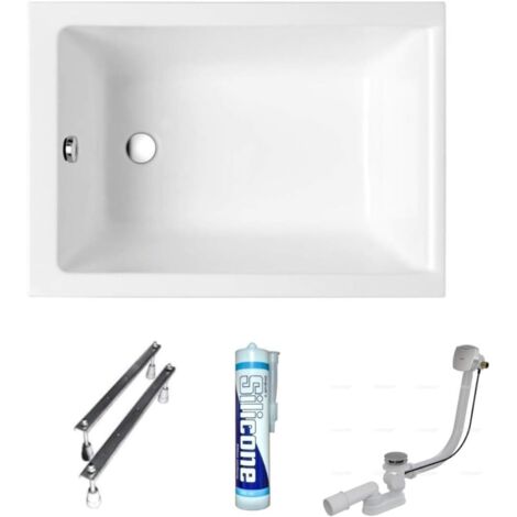 ECOLAM Petite baignoire rectangulaire Capri 100x70 cm Polimat + siphon automatique  pieds + silicone  petit baignoire