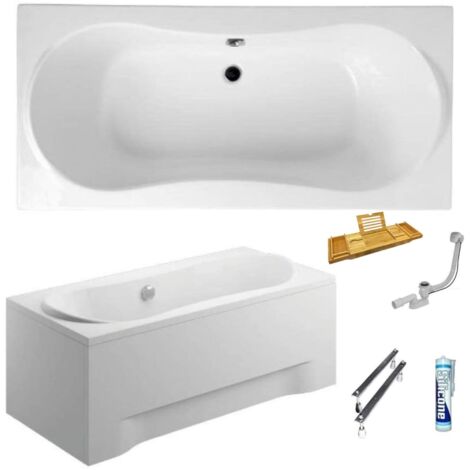 ECOLAM Baignoire rectangle Long Polimat 180x80 cm  planche en Bambou  tablier en acrylique  pieds siphon + silicone  Baignoire rectangle en acrylique blanc (1/5)