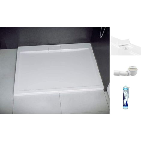 ECOLAM Receveur de douche plat rectangle Axim 130x90 cm, hauteur 4,5 cm profondeur 2,5 cm acrylique blanc + siphon + silicone, pose au sol possible (1/5)