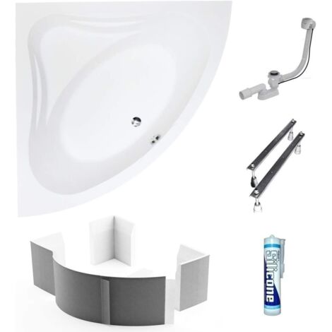 ECOLAM Baignoire d'angle acrylique symétrique Mia 140x140 cm support de baignoire siphon silicone Belle forme (1/5)