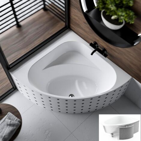 ECOLAM Baignoire d'angle Dina 140x140 cm + support de baignoire en polystyrène à carreler pieds siphon + silicone (1/5)