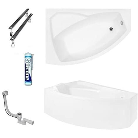 ECOLAM Baignoire d'angle Rima 160x100 cm  version gauche  tablier acrylique  pieds siphon + silicone  Belle forme  Set complet