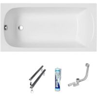 ECOLAM Baignoire rectangle acrylique blanc Classic 140x70 cm Pieds siphon + silicone baignoire en acrylique blanc