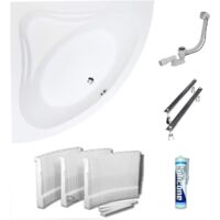 ECOLAM Baignoire d'angle Mia 130 x 130 cm avec revêtement universel en polystyrène Bonde d'écoulement et de trop-plein pieds + silicone