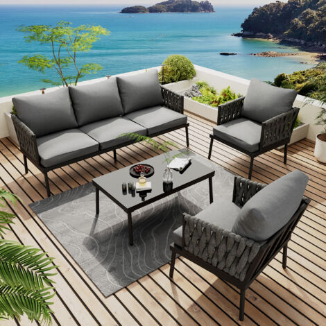 Set di mobili da giardino 5 posti, divano 3 posti + 2 poltrone + tavolino, piano in vetro, braccioli in corda intrecciata, acciaio zincato, grigio (1/5)