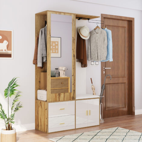 Elegante set di mobili da ingresso bianchi e in legno con specchio, armadio con scarpiera, appendiabiti estensibile (1/5)