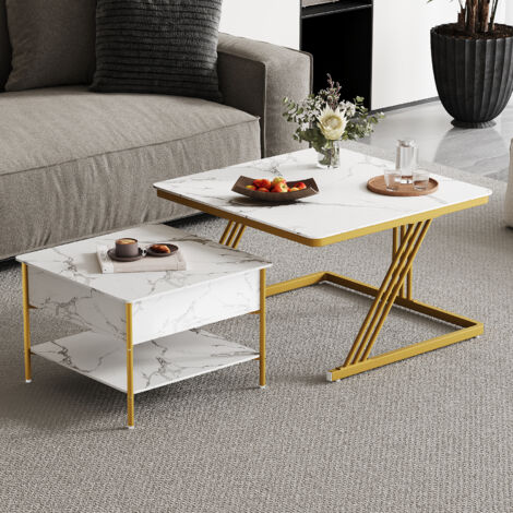 Tavolino da salotto, set di 2 tavolini da caffè impilabili, piano sollevabile, moderno stile industriale, 70x45,5+50x40 cm, bianco (1/5)