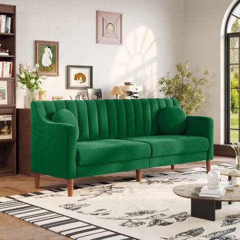 Divano a 3 posti nello stile Art Déco - in velluto verde - schiena a strisce - zampe in legno massivo - 206L x 74L x 83H cm (1/5)