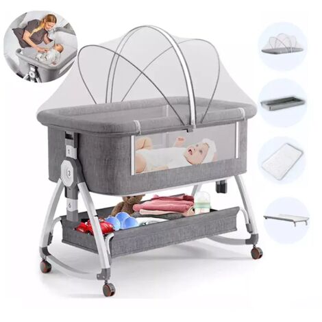 Culla 3 in 1 con ruote, lettino per dormire insieme, altezza regolabile 71-84 cm, culla da comodino, materasso rimovibile, cestino portaoggetti. (1/5)