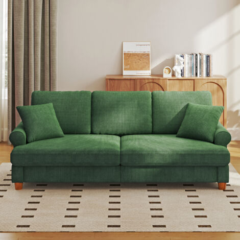 Divano moderno a 3 posti in tessuto ciniglia 220 x 74 x 86 cm, divano dritto imbottito con cuscini per soggiorno, design moderno, verde