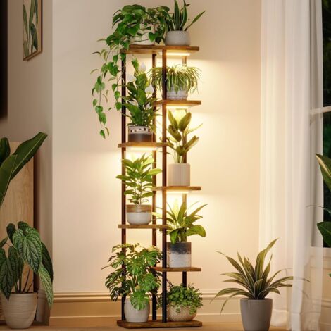 Bamworld - Support Plantes Interieur avec Lampe - Étagère Plante d'Angle 7 Niveaux Bois et Métal - Support Plante avec Éclairage pour Salon Balcon Chambre - Décoratif