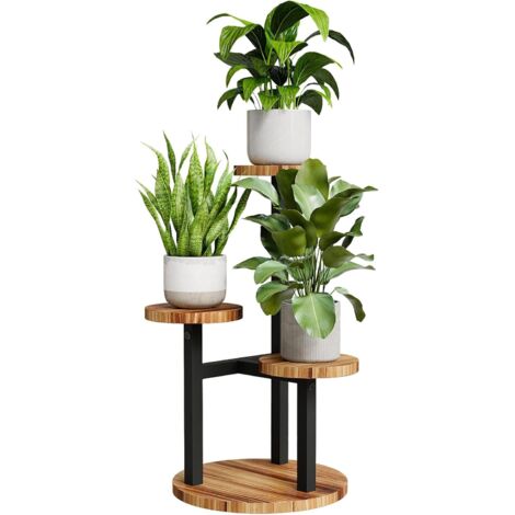 Bamworld - Support Plante d'Angle 3 Niveaux en Métal Bois - Étagère Fleurs pour Intérieur Salon Jardin Extérieur - pour Interieur et Exterieur