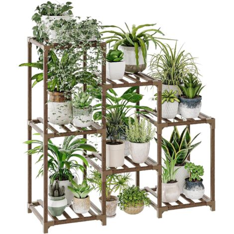 Bamworld - Supports pour plantes d'intérieur - étagère en bois à plusieurs niveaux pour plusieurs plantes - échelle à 3 pneus - 7 pots de fleurs pour fenêtre, jardin, balcon, terrasse, coin salon