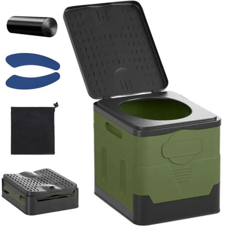 (Vert armée, lot de 4) Toilettes pliantes d'extérieur, portables, pour le camping et les situations d'urgence. Poubelle robuste et réutilisable avec boîte de rangement anti-odeurs pour voiture de tour (1/4)