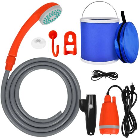 Douche de camping portable (Orange) avec débit d'eau de 2,5 à 3,5 L/min, tuyau de 2 m, chargement USB, autonomie de 30 à 60 min, sac de rangement zippé. (1/4)