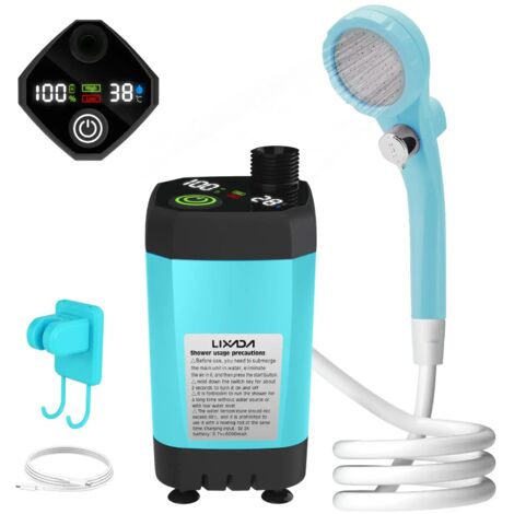 (Bleu) Kit de douche de camping avec pompe, écran numérique intelligent et batterie réglable de 6000 mAh. (1/4)