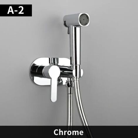 Robinet de bidet chromé à poignée longue, portable, en acier inoxydable, avec couvercle et porte-papier toilette. (1/4)