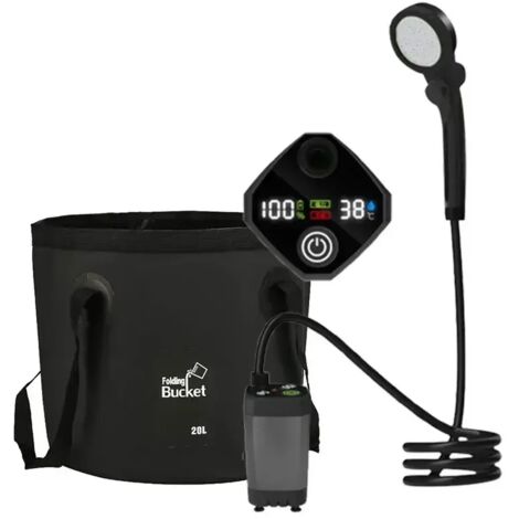(Kit gris 6000 mA) Douche de camping portable avec pompe rechargeable et sac pliable de 20 L inclus, idéale pour les voyages, le jardinage et le lavage de voiture. (1/4)