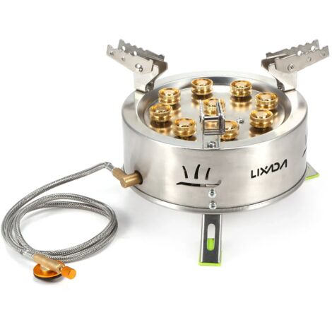 Réchaud à gaz de camping portable 12800W en acier inoxydable avec supports de casseroles antidérapants pliables, idéal pour la randonnée et la cuisine en extérieur. (1/3)