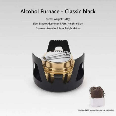 Réchaud à alcool de camping compact en métal, idéal pour la randonnée, la cuisine en pique-nique et les activités de plein air. Avec support, couvercle et sac de rangement. Réchaud de cuisine portable (1/2)