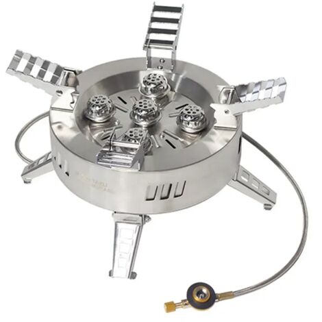 Réchaud à gaz portable 5 brûleurs en acier inoxydable 18 000 W, coupe-vent, pour le camping et les pique-niques. Pliable et fourni avec un sac de rangement. (1/4)
