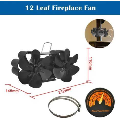 Ventilateur de cheminée à 12 pales, silencieux, alimenté par la chaleur, pour poêle à bois d'intérieur, avec thermomètre intégré et réchauds de cuisson portables. (1/5)