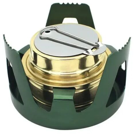 Réchaud à alcool portable miniature, réchaud en laiton robuste avec support et couvercle en aluminium, idéal pour le camping, la randonnée, la chasse et la cuisine en sac à dos. (1/4)