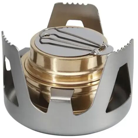 Réchaud à alcool portable miniature, réchaud en laiton robuste avec support et couvercle en aluminium, idéal pour le camping, la randonnée, la chasse et la cuisine en sac à dos. (1/4)