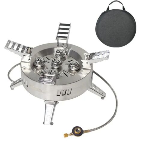 Réchaud à gaz portable de camping à 5 brûleurs, puissant (18 000 W), pliable, en acier inoxydable, avec sac de rangement et idéal pour les pique-niques. (1/5)