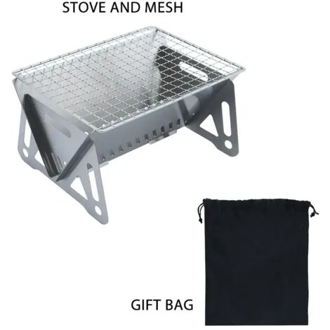 Réchauds de barbecue portables pliables et multifonctionnels pour le camping, avec grille de cuisson, filet de rangement et réchaud à bois en acier inoxydable. (1/3)