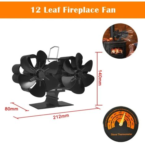 Ventilateur de cheminée à 12 pales, silencieux, alimenté par la chaleur, pour poêle à bois d'intérieur, avec thermomètre intégré et réchauds de cuisson portables. (1/5)