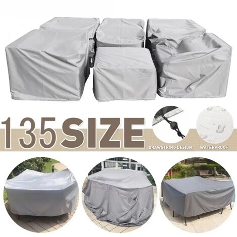(210D Argent, 60 x 60 x 60 cm) Housse de protection imperméable et résistante pour mobilier de jardin rectangulaire, résistante à la pluie, à la neige et au vent, pour canapé, table et chaises. (1/5)