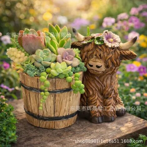 (Décoration vache des Highlands) Adorables plantes succulentes en forme de vache des Highlands avec seau, ornements de jardin vache des Highlands (1/5)