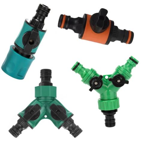Robinet d'arrêt pour tuyau d'arrosage (vert) - Raccord à 2 voies - Connecteurs de tuyau d'arrosage à 3 voies - Vanne en plastique avec interrupteur - Accessoire de jardin