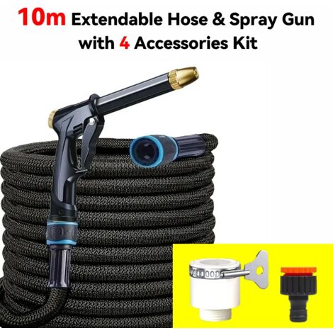 Ensemble tuyau d'arrosage extensible de 10 m avec pistolet pulvérisateur, 3 extensions, 4 couches de latex, raccord rapide, pour l'arrosage du jardin et le lavage de voiture. (1/5)